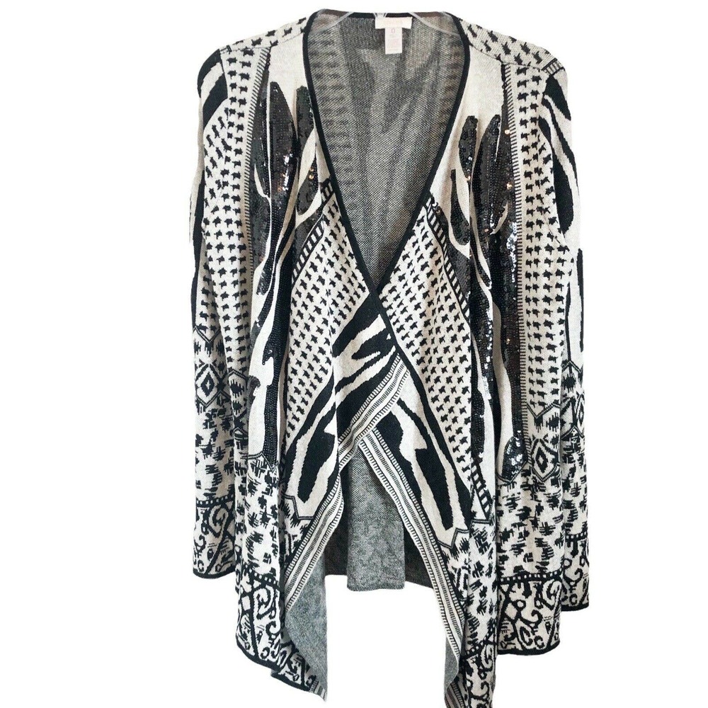 Chico's Open Front Linen Blend Waterfall Black White Sequin Cardigan Size 0 (S)